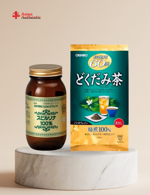 Health duo: Red-stamp Spirulina and Orihiro detoxifying fish mint tea, 60 packs