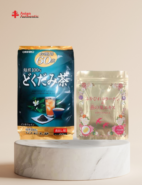Healthy and beautiful duo of Pasode fresh Collagen tablets and Orihiro detoxifying fish mint tea 60 packs