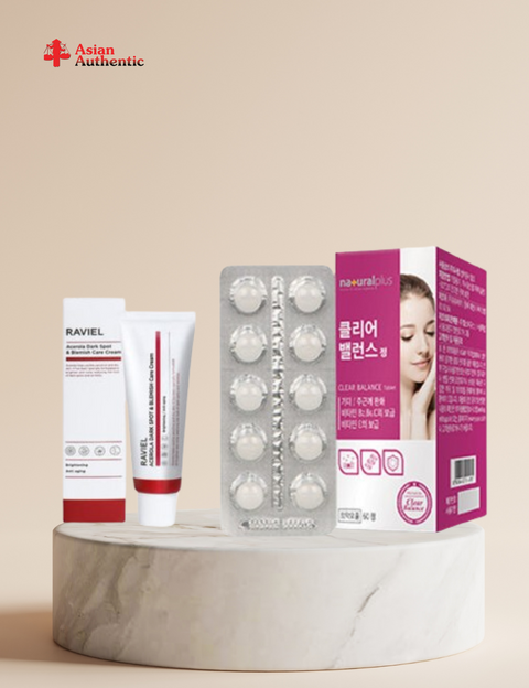 Korean Advanced Skin Whitening Melasma Treatment Set: Balance Tablet Natural Plus + Raviel Blemish & Melasma Care Cream